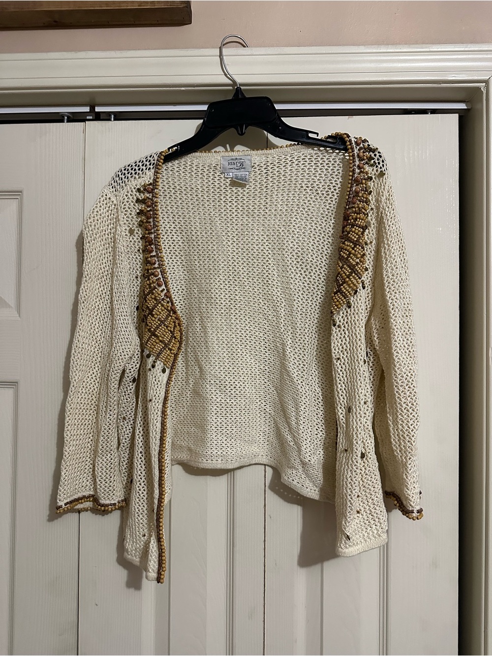 Cream Open-Knit Cardigan with Brown Trim - Just B